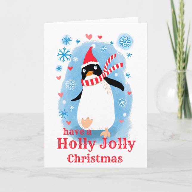 Tarjeta Festiva Holly jolly Navidades lindos pingüino con amor de: (Anverso)