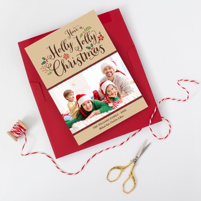 Tarjeta Festiva Holly Jolly Navidades Rustic Tan Photo (Subido por el creador)