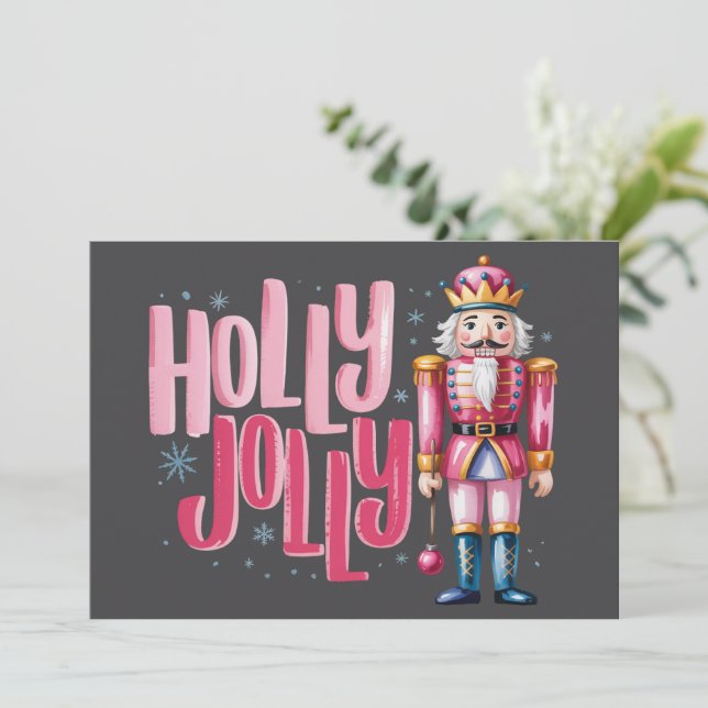 Tarjeta Festiva Holly Jolly Nutcracker Navidades Coquette Preppy (Anverso de pie)