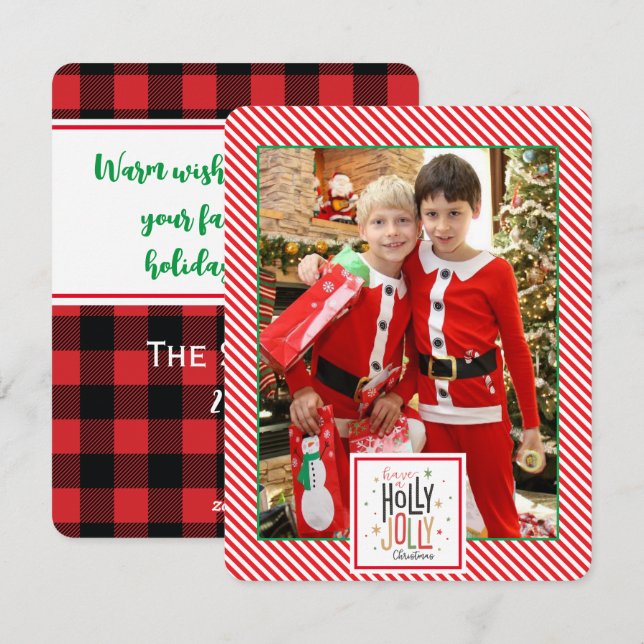 Tarjeta Festiva Holly Jolly plaid (añade tu foto) Holiday Card (Anverso / Reverso)