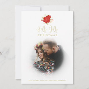 Tarjeta Festiva Holly Jolly Quote with Poinsettias Photo Christmas