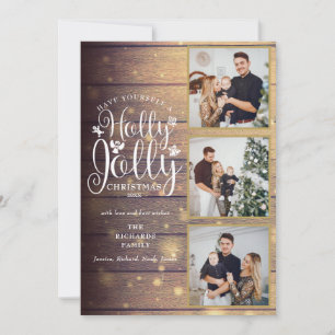Tarjeta Festiva Holly Jolly Rustic Wood 3 Collage de fotos