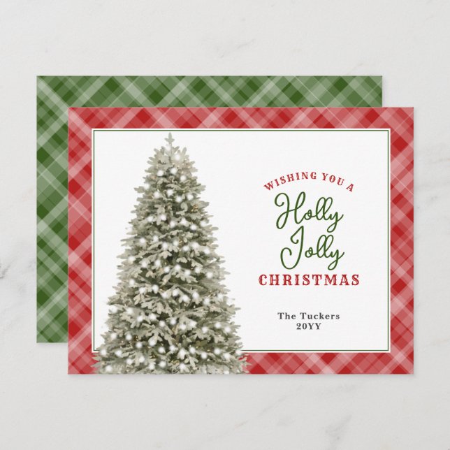 Tarjeta Festiva Holly Jolly Watercolor Tree Plaid Navidades (Anverso / Reverso)