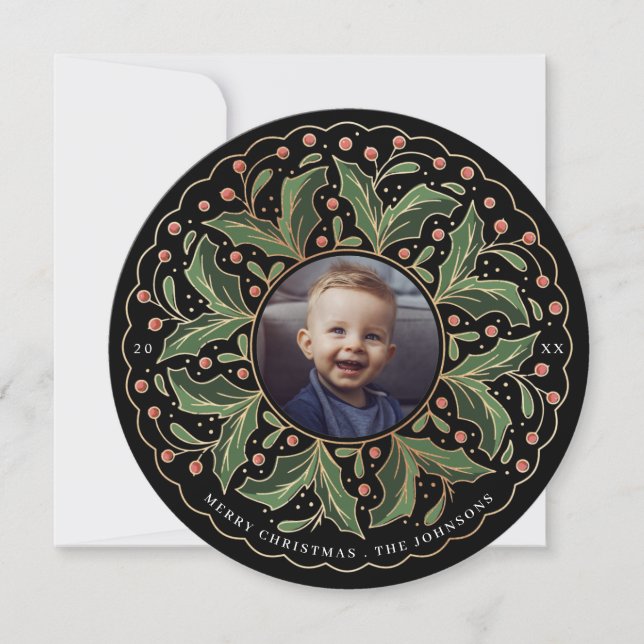 Tarjeta Festiva Holly Leaves y Berries Round Photo (Anverso)