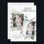Tarjeta Festiva Holly Merry Christmas 2 Collage de fotos Pineneedl<br><div class="desc">Holly Merry Christmas 2 Collage de fotos Pineneedle Holiday Card. Elegante tarjeta de Navidades modernos con agua pintada a mano,  vegetación de invierno y bayas con 2 collage de fotos en marcos dorados. Reemplace las fotos con las suyas y ajuste la tarjeta como desee.</div>
