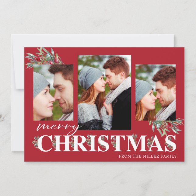Tarjeta Festiva Holly Merry Collage de fotos navideño (Anverso)