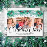 Tarjeta Festiva Holly Mistletoe 3 Photo Christmas Cheer Script<br><div class="desc">Watercolor Holly and Mistletoe Christmas Cheer Holiday Card, personalized with 3 of your favorite photos. The photo template is set up for you to add a horizontal photo and 2 vertical photos as well as your personalized greeting. Traditional and classic design decorated with hand lettering, holly, berries, mistletoe and a...</div>