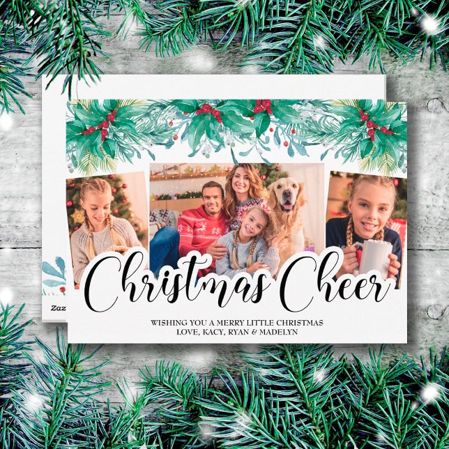 Tarjeta Festiva Holly Mistletoe 3 Photo Christmas Cheer Script (Subido por el creador)