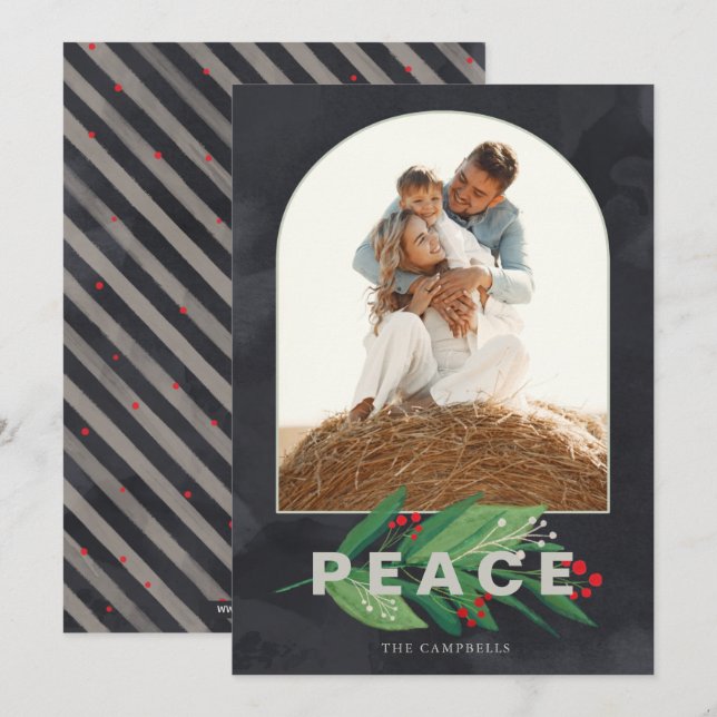 Tarjeta Festiva Holly Modern Arch Navy Stripes Personalizado Foto  (Anverso / Reverso)