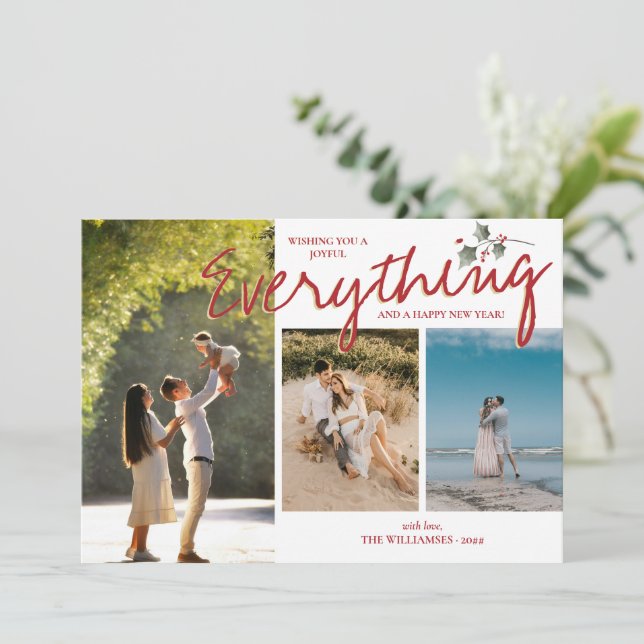 Tarjeta Festiva Holly Moderno 3 Fotos Rojo Verde Elegante Nueva Fa (Anverso de pie)