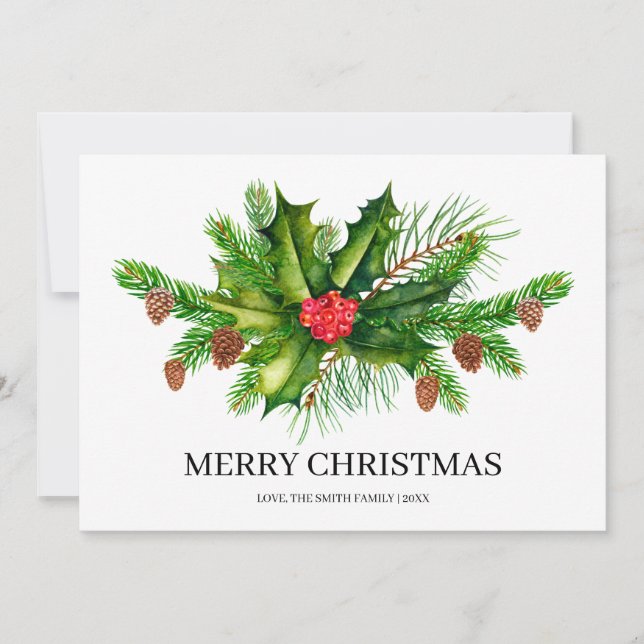 Tarjeta Festiva Holly Pine & Berry Merry Christmas Holiday Card (Anverso)