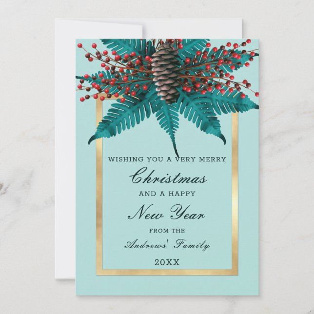 Tarjeta Festiva Holly Pine Cone Bouquet Gold Border Navidades (Anverso)