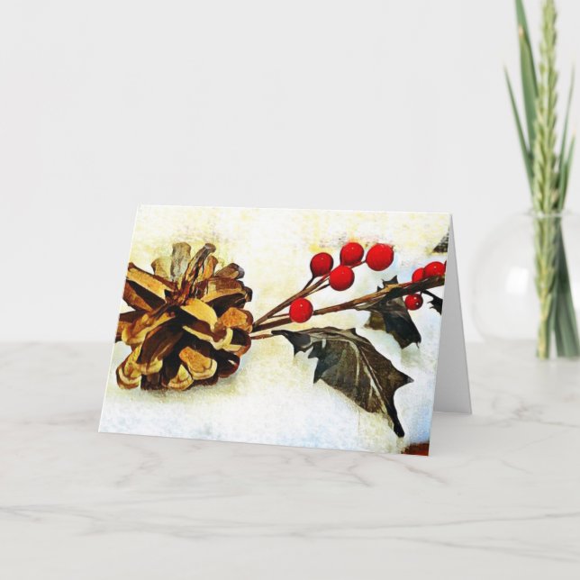 Tarjeta Festiva Holly Pine Cone Winter Greetings (Anverso)