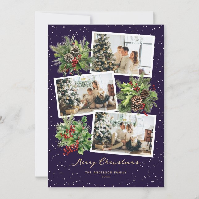 Tarjeta Festiva Holly Pine Cones Foto Violet Merry Christmas Card (Anverso)