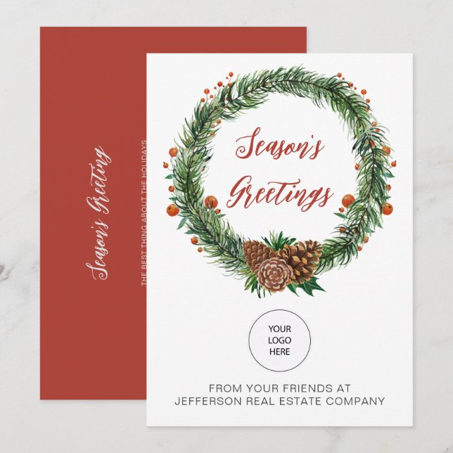Tarjeta Festiva Holly Pine Wreath Company Logo Business (Anverso / Reverso)