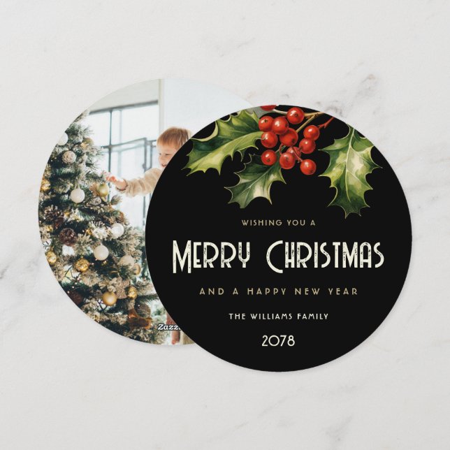 Tarjeta Festiva Holly Red Berries Elegant Black Photo (Anverso / Reverso)