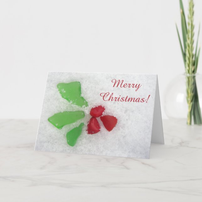 Tarjeta Festiva Holly Sea Glass on Snow - Christian/Catholic (Anverso)