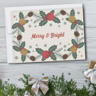 Tarjeta Festiva Holly Sprigs & Pine Cones - Merry & Bright