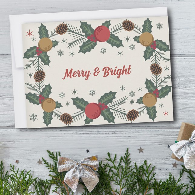 Tarjeta Festiva Holly Sprigs & Pine Cones - Merry & Bright (Holly Sprigs & Pine Cones - Merry & Bright Holiday Card)