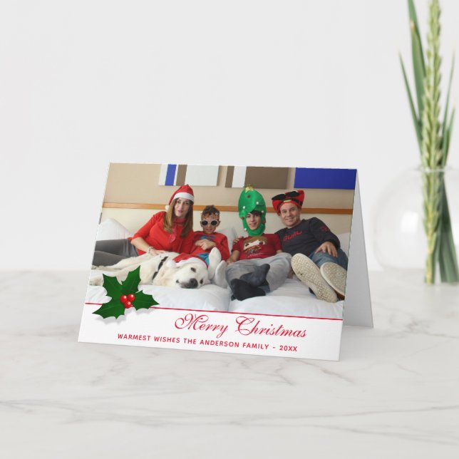 Tarjeta Festiva Holly Tree Berry Merry Christmas Family Photo (Anverso)