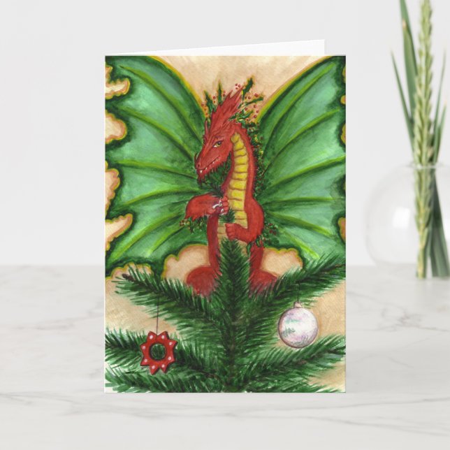 Tarjeta Festiva Holly Treetop Dragon (Anverso)