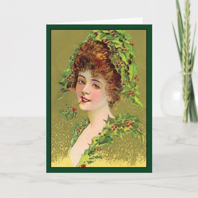 Tarjeta Festiva Holly Woman - Vintage Christmas Card (Anverso)