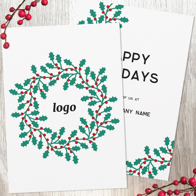 Tarjeta Festiva Holly Wreath Logo Business (Logo holly wreath business promotional holiday card)