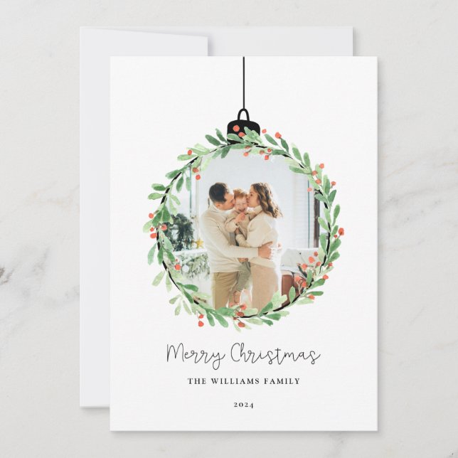 Tarjeta Festiva Holly Wreath Ornament Merry Christmas Photo (Anverso)