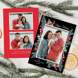 Tarjeta Festiva Holly y Acebo Negro Felices Fiestas 3 Fotos