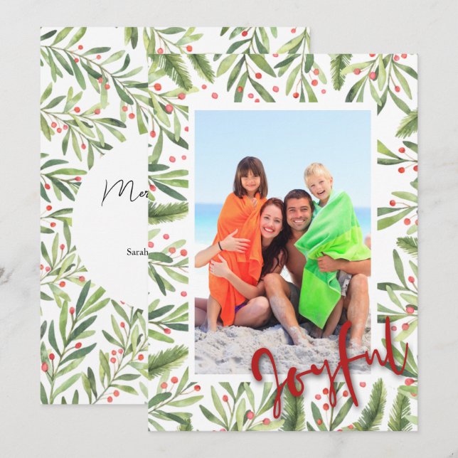 Tarjeta Festiva Holly y Berries Joyful Navidades Foto (Anverso / Reverso)