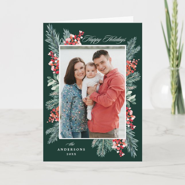 Tarjeta Festiva Holly y Evergreen Happy Holidays 2 Foto (Anverso)