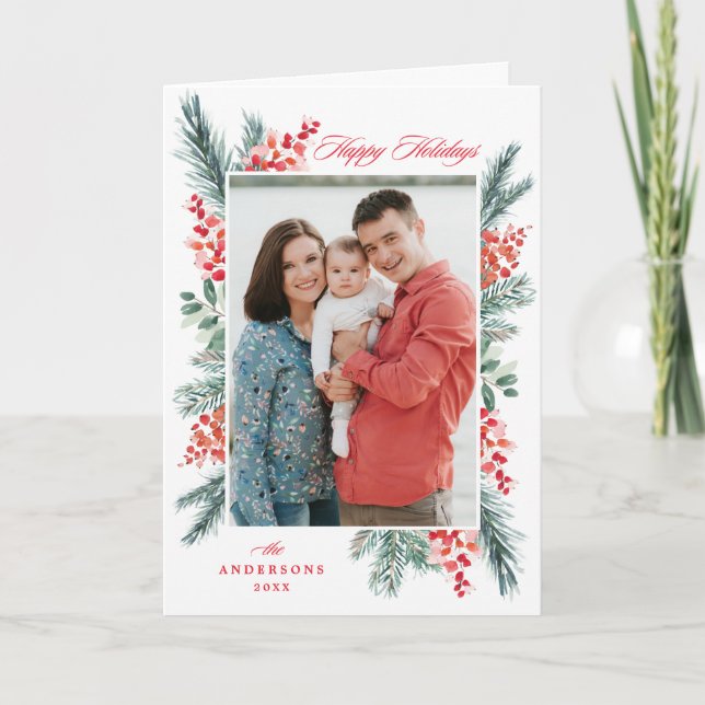Tarjeta Festiva Holly y Evergreen Happy Holidays 2 Foto (Anverso)
