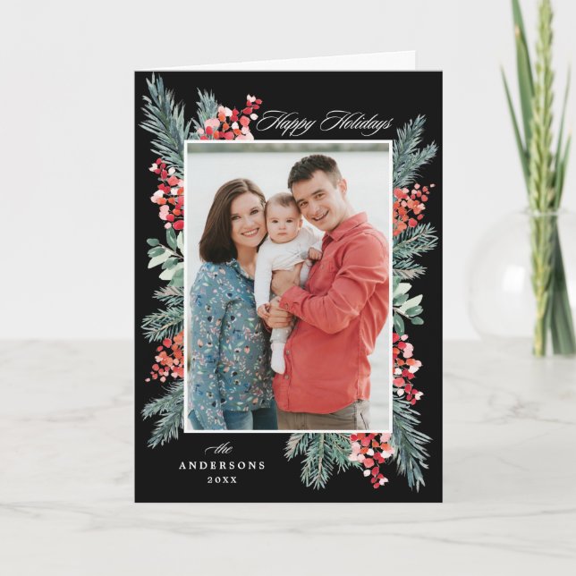 Tarjeta Festiva Holly y Evergreen Happy Holidays 2 Foto (Anverso)