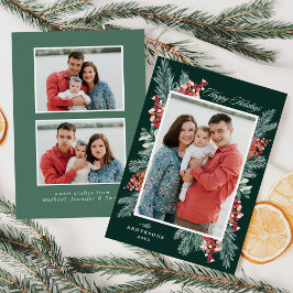 Tarjeta Festiva Holly y Evergreen Happy Holidays 3 Photo