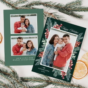 Tarjeta Festiva Holly y Evergreen Happy Holidays 3 Photo