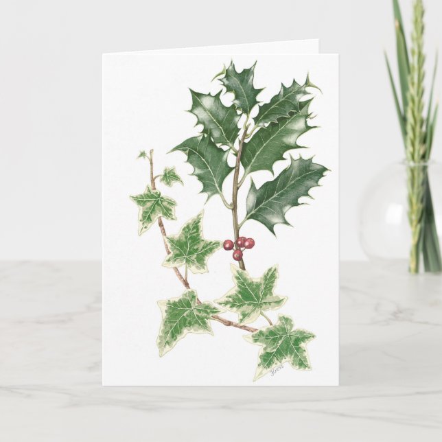 Tarjeta Festiva Holly y Ivy Sprigs en acuarela botánica (Anverso)