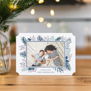 Tarjeta Festiva Holly y Pine   Foto de vacaciones horizontal