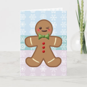 Tarjeta Festiva Hombre de jengibre kawaii y copos de nieve
