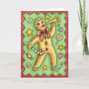 Tarjeta Festiva Hombre de jengibre lindo soplando cuerno, caramelo