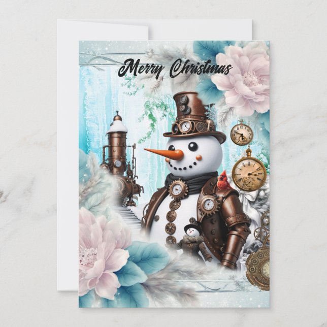 Tarjeta Festiva ¡Hombre de nieve a tiempo! Steampunk Snowman (Anverso)