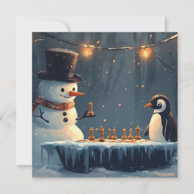 Tarjeta Festiva Hombre de nieve adorable y pingüino jugando ajedre (Anverso)