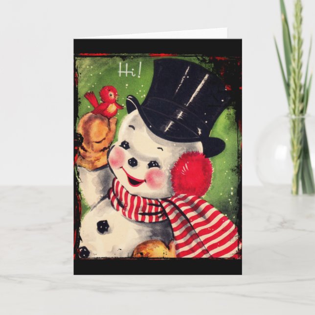 Tarjeta Festiva Hombre de nieve añejo con pájaro rojo (Anverso)