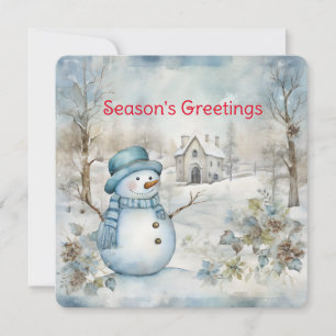 Tarjeta Festiva Hombre de nieve azul pastel y escena invernal de i