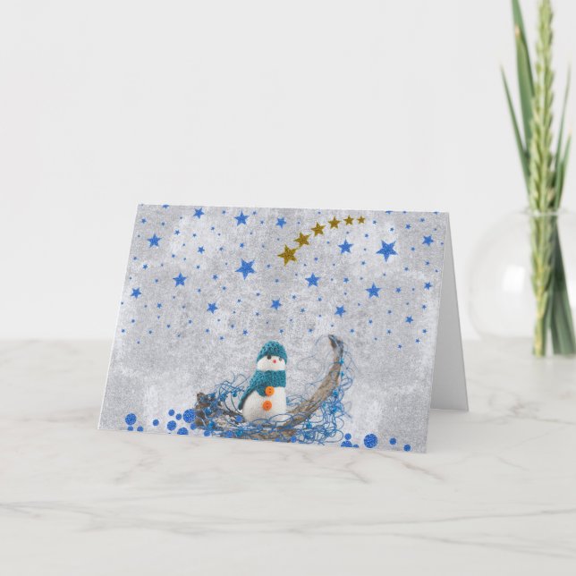Tarjeta Festiva Hombre de nieve con brillantes estrellas azules (Anverso)