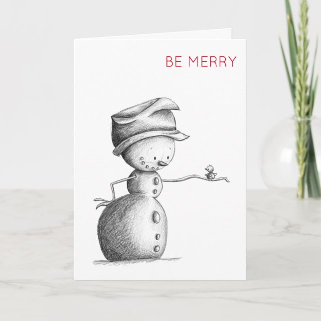 Tarjeta Festiva Hombre de nieve con Ilustracion de pájaro se mora (Anverso)