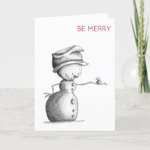 Tarjeta Festiva Hombre de nieve con Ilustracion de pájaro se mora