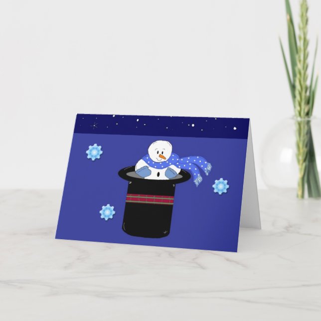 Tarjeta Festiva Hombre de nieve con sombrero alto (Anverso)