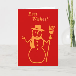 Tarjeta Festiva Hombre de nieve de oro minimalista con escoba para