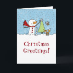 Tarjeta Festiva Hombre de nieve decora árbol con criaturas de bosq<br><div class="desc">Un lindo muñeco de nieve en una zona cubierta de nieve llega a la cima de un pequeño pino para poner un copo de nieve sobre la superficie. En esta escena de invierno se ven animales de bosque de búho, zorro y conejo. Personalice el diseño de este Navidad como desee....</div>