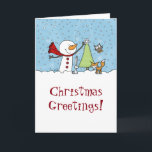 Tarjeta Festiva Hombre de nieve decora árbol con criaturas de bosq<br><div class="desc">Un lindo muñeco de nieve en una zona cubierta de nieve llega a la cima de un pequeño pino para poner un copo de nieve sobre la superficie. En esta escena de invierno se ven animales de bosque de búho, zorro y conejo. Personalice el diseño de este Navidad como desee....</div>